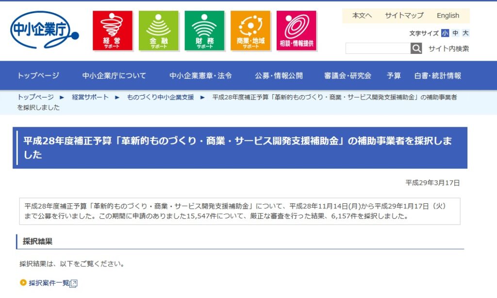 平成28年度補正 ものづくり補助金採択発表